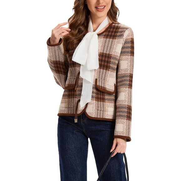 Women's Plaid Knit Cardigan Sweater Long Sleeve Pockets Casual Fall - Picture 5 of 7